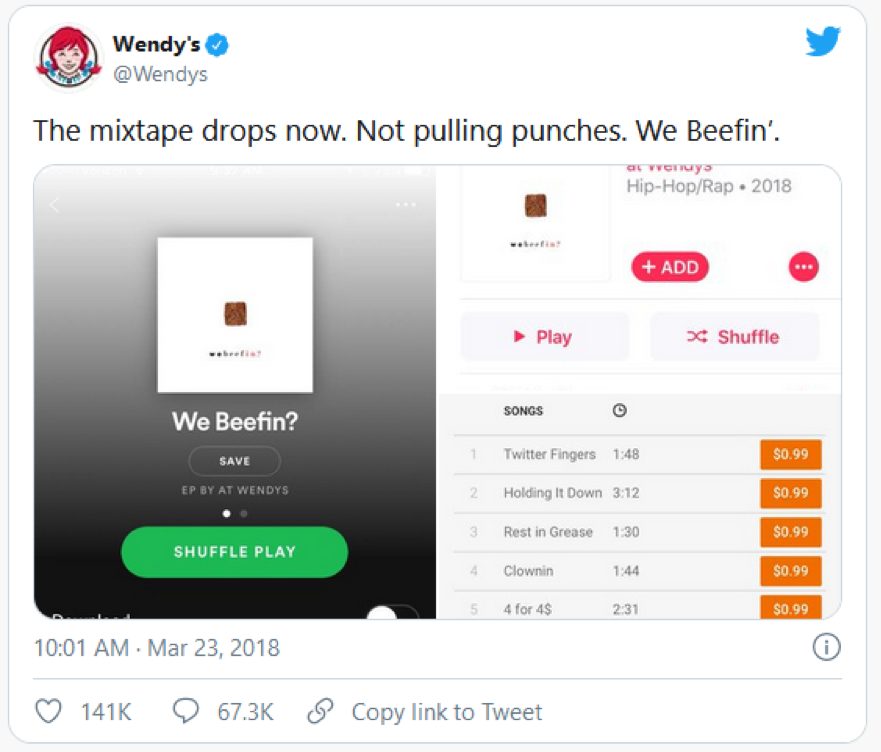 screenshot of wendys tweet