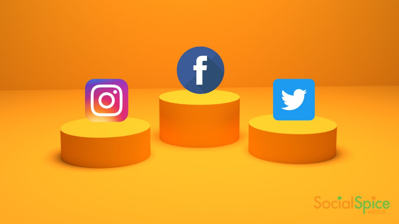 instagram, facebook, and twitter logos on orange pedestals